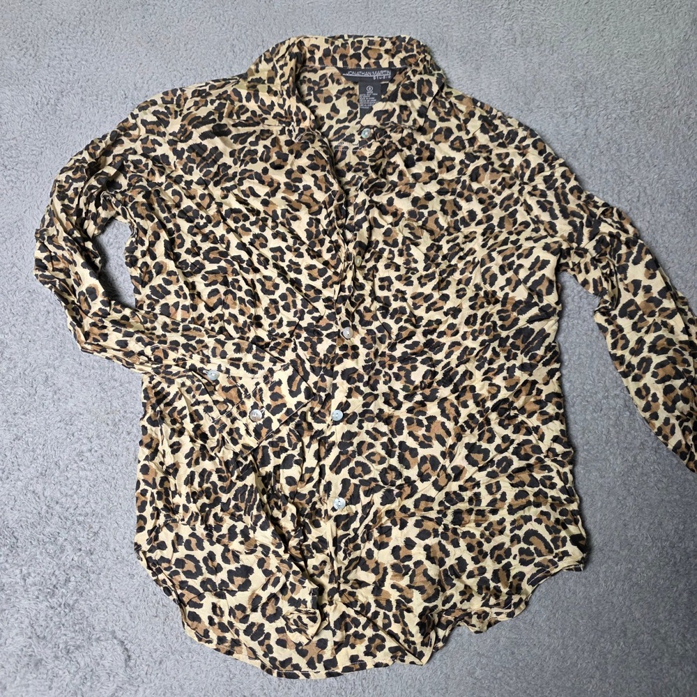 Jonathan Martin Womens S Button Down Shirt Brown Leopard 100% Silk Long Sleeve